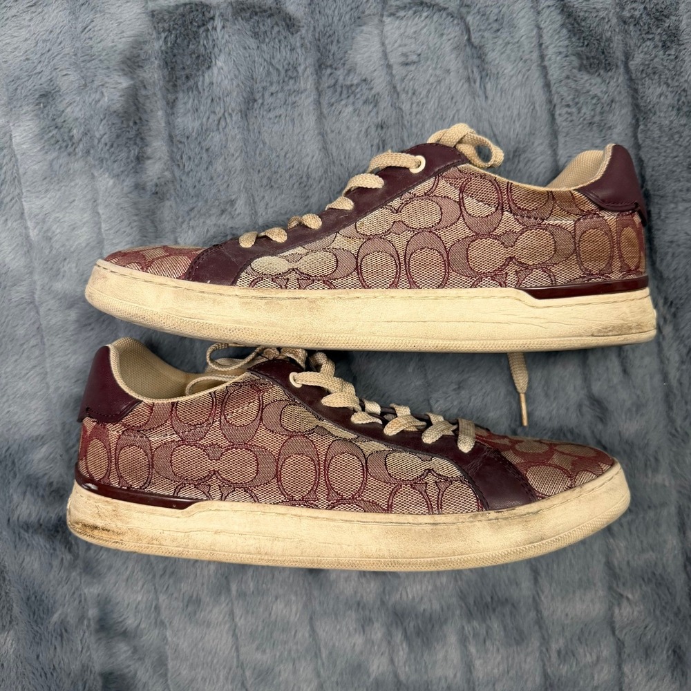 Coach G4967 Signature Monogram Canvas Low Top Sneakers Burgundy Tan Womens 11B